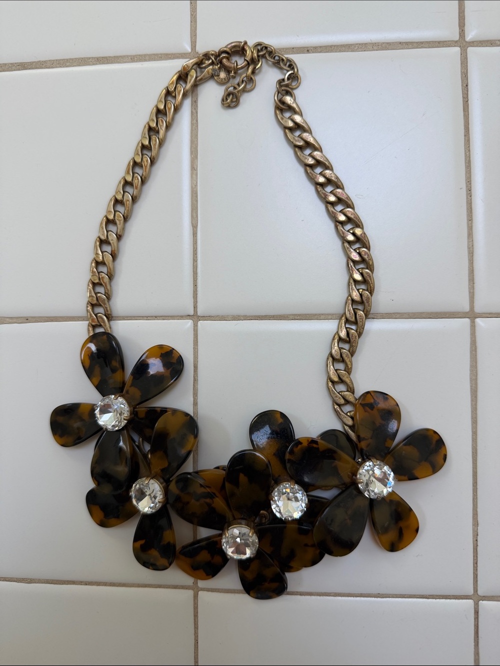 Gold Chain Tortoiseshell Flower Statement Necklace with Crystal Centers
